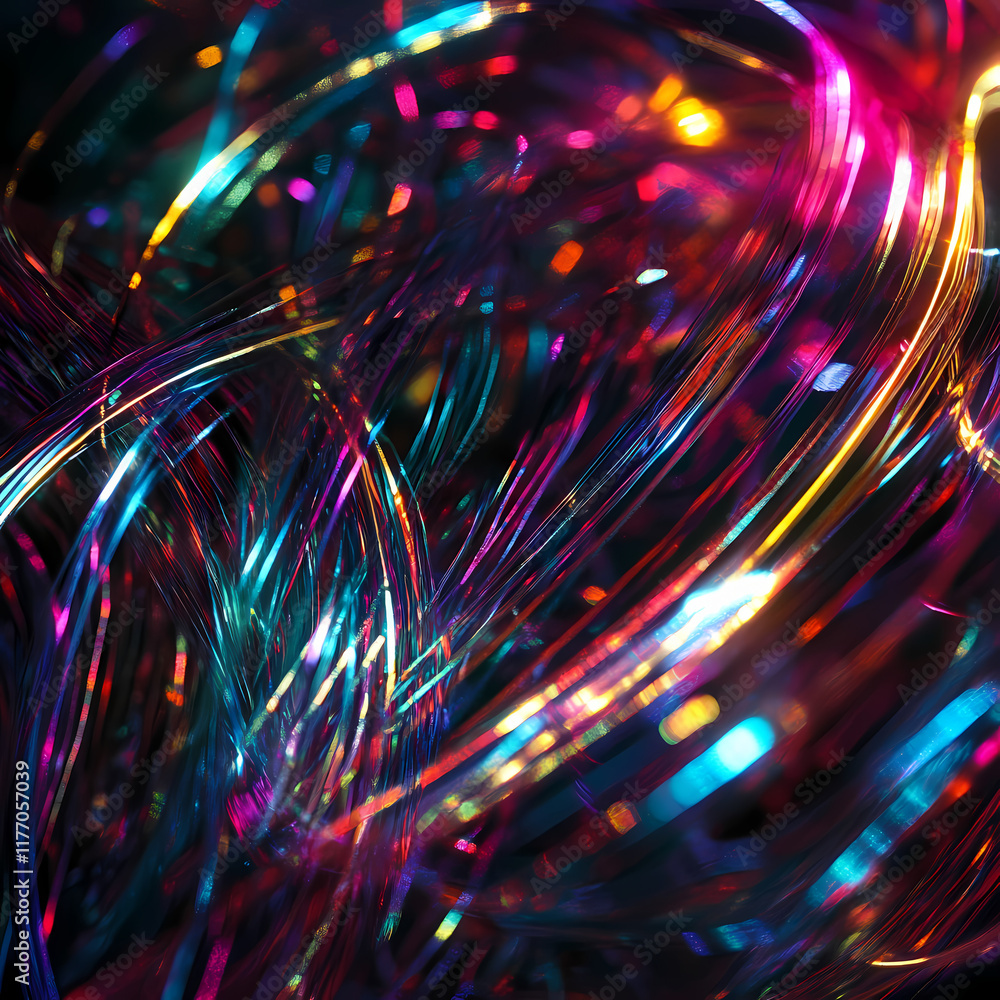Poster colorful shimmering strands of light creating vibrant patterns against a dark background. generative