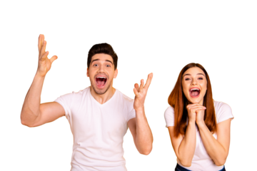 Close up photo amazing she her he him his couple hands arms hold air yell unbelievable brilliant luck lucky day cheerleader football match wear casual white t-shirts outfit isolated yellow background