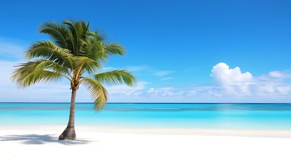 Fototapeta premium A shiny weather on a beautiful beach with a palm tree in the background