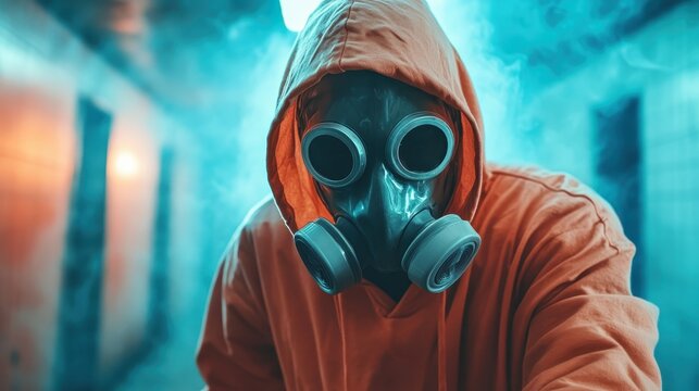 A figure wearing a gas mask and orange hoodie stands amid a smoky haze, suggesting themes of survival, anonymity, and future urban settings.