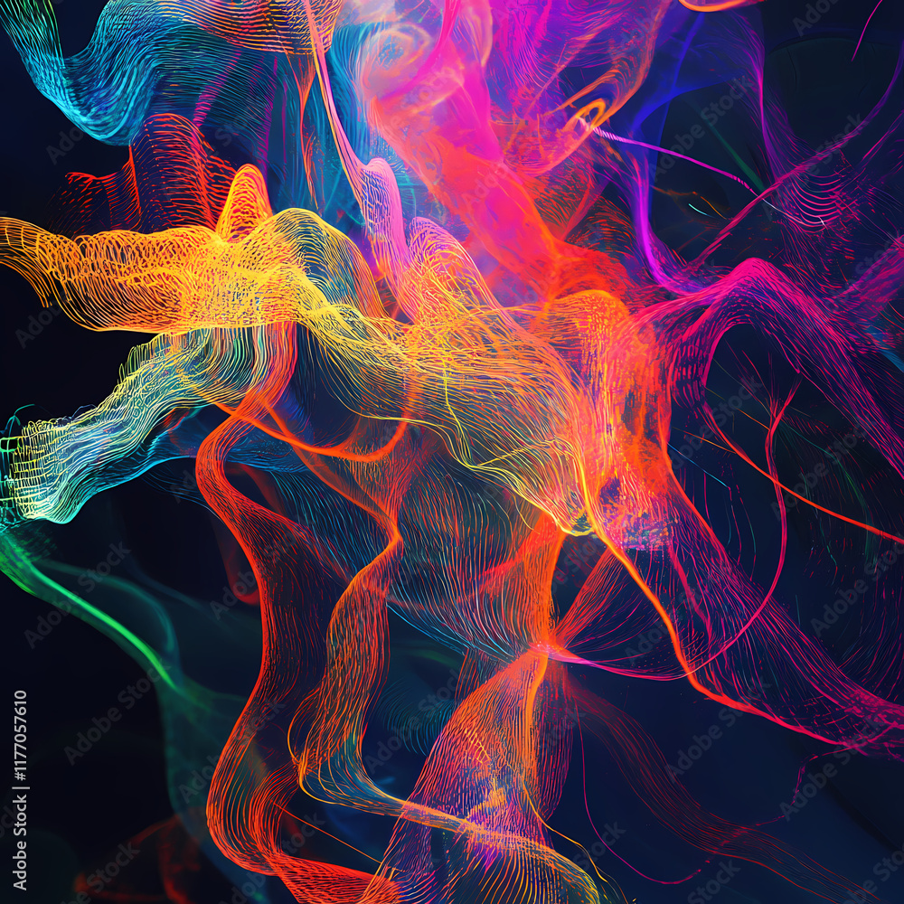 Poster colorful abstract lines create dynamic patterns in vibrant hues on a dark background. generative ai