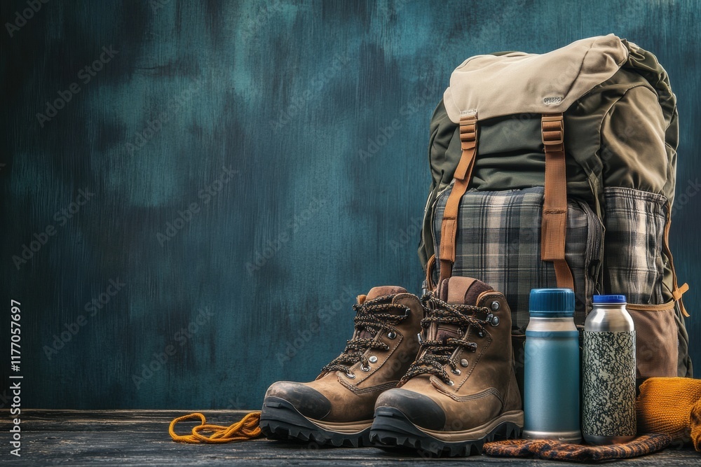 Poster essential backpacking gear display including a hiking backpack, water bottle, and sturdy boots with 