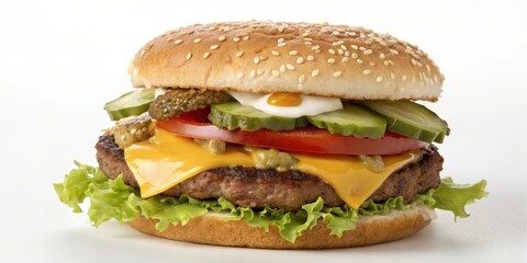 A Juicy Sesame Seed Bun Burger Topped with Melted Cheese, Crisp Lettuce, Tomato Slices, and Dill Pickles