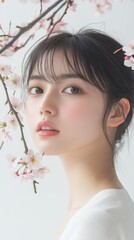 Fototapeta premium Portrait of a woman surrounded by blooming cherry blossoms, exuding a sense of beauty, grace, and connection to nature.