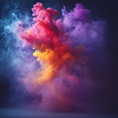 Colorful smoke explosion rising on dark background, illuminated for visual effects