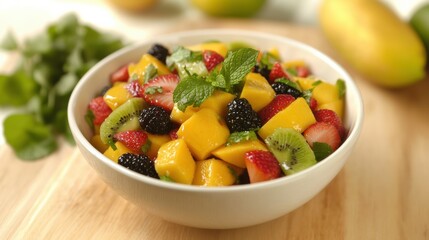 Colorful fruit salad with fresh ingredients on a wooden table
