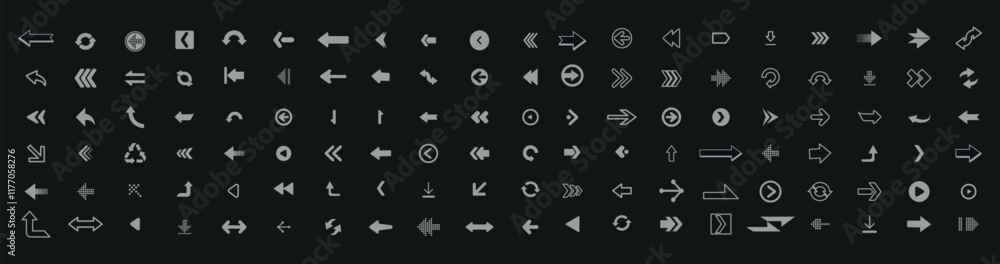 Poster Set arrow icons. Collection arrows sign. White arrow icon set. Arrow. Cursor. Arrow vector icon. Collection different arrows sign. Modern simple arrows.