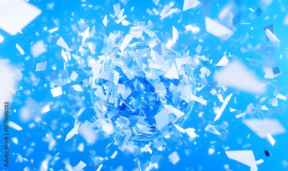 Poster shattered ice sphere exploding with shards against a light blue backdrop.
