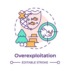 Overexploitation multi color concept icon. Biodiversity loss cause. Unsustainable use of natural resources. Round shape line illustration. Abstract idea. Graphic design. Easy to use in article