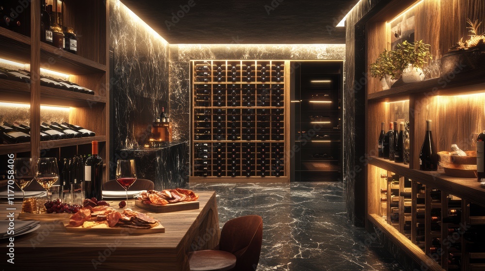 Poster elegant wine cellar featuring vintage bottles and a tasting table with red wine and charcuterie boar