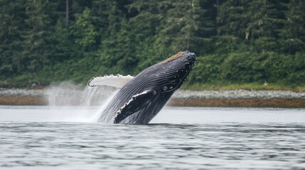 Fototapeta premium Humpback whale breaching off the coast in an Alaskan inlet