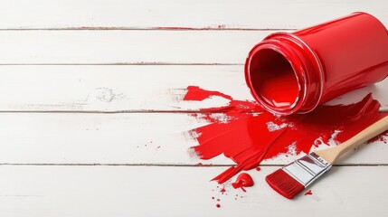 A tipped-over can of red paint with a brush lies on a white wooden floor, spilling paint and...