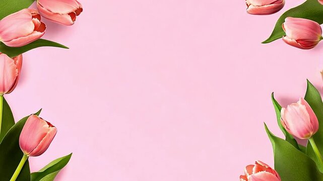 Pastel pink tulips frame background. Pink tulips flowers on pink background. spring. Happy Easter card. top view 4k video Copy space