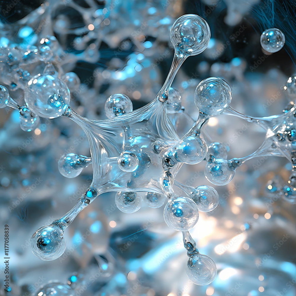 Poster exploration of molecular structures with luminous bubbles in a futuristic environment. generative ai
