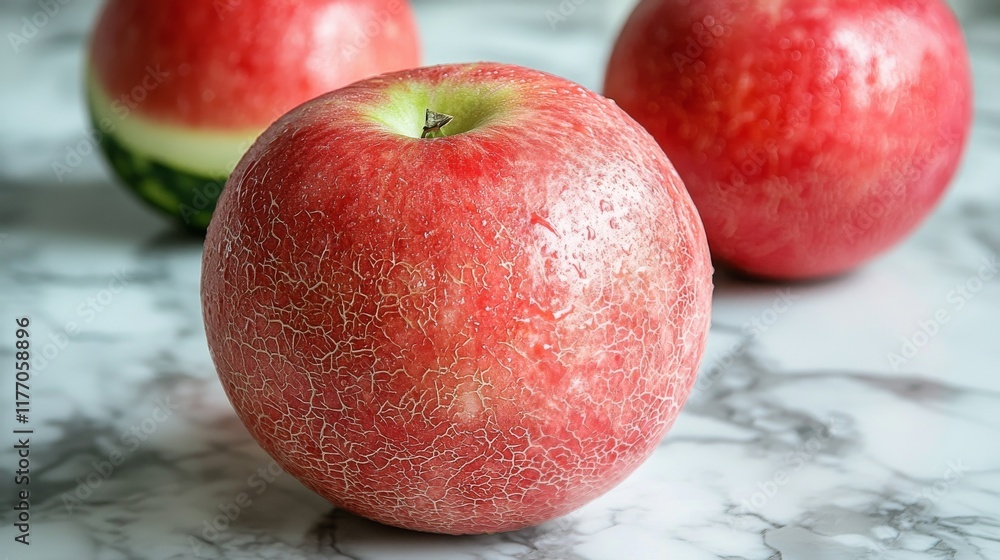 Aufkleber fresh red apple resting on a marble countertop with two more apples in the background