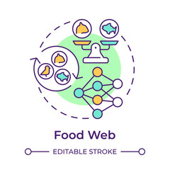 Food web multi color concept icon. Complex network of interconnected food chains. Ecological balance. Round shape line illustration. Abstract idea. Graphic design. Easy to use in article