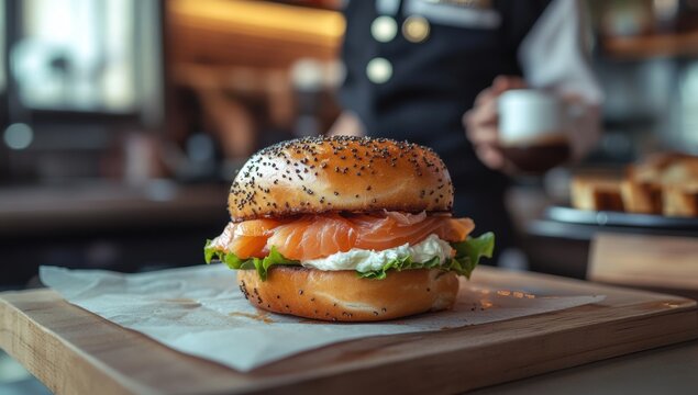 Delicious salmon bagel served on wooden board at cafe