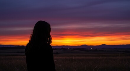 Silhouette Woman Watching Dramatic Sunset Sky with Orange and Purple Hues