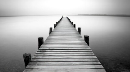 Fototapeta premium Serene Wooden Pier Extending to a Misty Lake