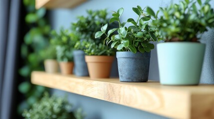 Indoor shelf featuring small potted plants arranged neatly in natural light