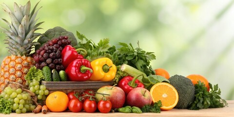 A vibrant collection of fresh fruits and vegetables, showcasing the bounty of nature's harvest, perfect for a healthy and nutritious lifestyle