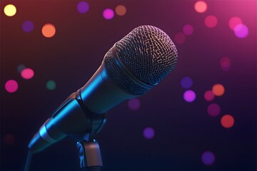 Vibrant Steel Microphone Captured on Bokeh Lit Stage with Celebratory Mood for Podcasting or