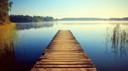 Naklejka premium Serene Morning at the Lake: Wooden Dock Extending to Tranquil Waters