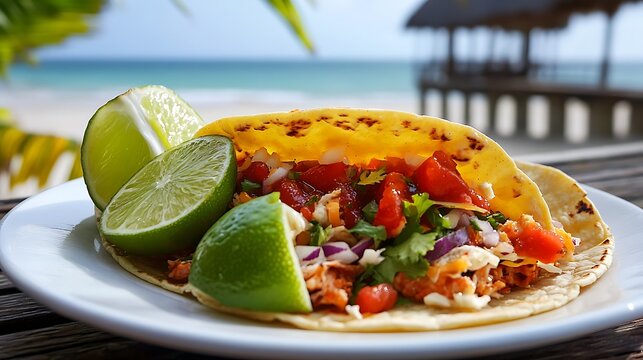 A soft shell taco with a side of lime wedges on a beachside pier