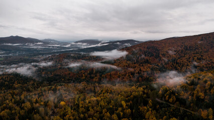 Aerial View of Bieszczady Mountains in Autumn Fog