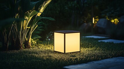A solarpowered garden light with a modern cube shape