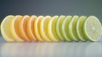 A row of various citrus fruit slices, including orange, lemon, and lime, neatly arranged to highlight their vibrant colors and textures on a clean surface, creating an appealing visual display