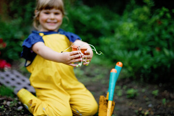 Close-up of hands of little preschool girl planting seedlings of sunflowers in garden. Toddler child learn gardening, planting and cultivating flower and plant. Kids and ecology, environment concept.