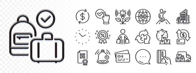 Buyer, Reminder and Carry-on baggage line icons for web app. Glare of light effect. Message icon. Pack of Leadership, Buildings, Money transfer pictogram icons. Vector