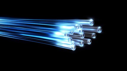 Vibrant blue light streams from multiple fiber optic cables, creating a dynamic effect against a dark backdrop. This composition offers significant copy space for adding text or graphics