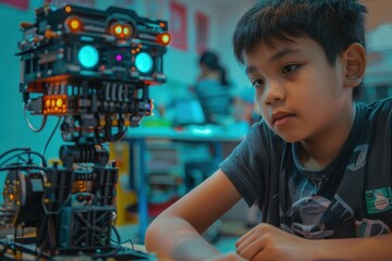 Child interacts with a small educational robot in a classroom setting during a hands-on learning activity