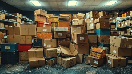 Cardboard boxes stacked high in a dimly lit storage room with metal shelves in background, potential for inventory or archive