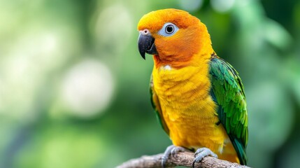 A brightly colored parrot with yellow and green feathers sits on a branch amidst a verdant background, showcasing its striking appearance under natural light