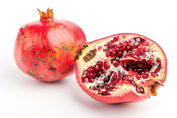 A split pomegranate showing the intricate arrangement of seeds inside, set against a clean white background.