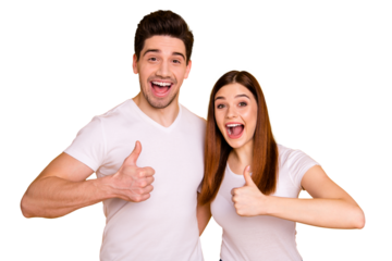 Close up photo funky funny amazing she her he him his model guy lady hands arms thumb fingers raised air advise product buy buyer approve wear casual white t-shirts outfit isolated yellow background
