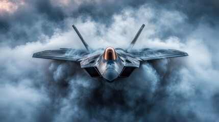 A stealthy F-22 Raptor jet is depicted flying through a dense cloud cover, highlighting its...