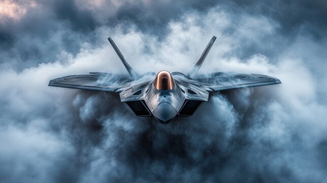 A stealthy F-22 Raptor jet is depicted flying through a dense cloud cover, highlighting its advanced stealth technology and sophisticated aerodynamics. - Powered by Adobe