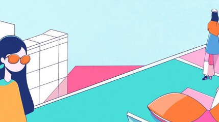 Vibrant Digital Illustration: Stylish Figures Relaxing on a Modern Rooftop Terrace. AI Generated