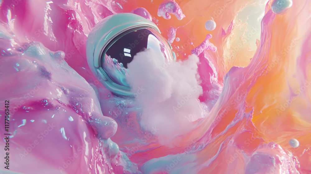 Poster 3d of a colorful space with swirling colors and bubbles, an astronaut floating in the center wearing