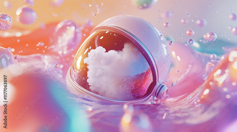 Poster 3d of a colorful space with swirling colors and bubbles, an astronaut floating in the center wearing