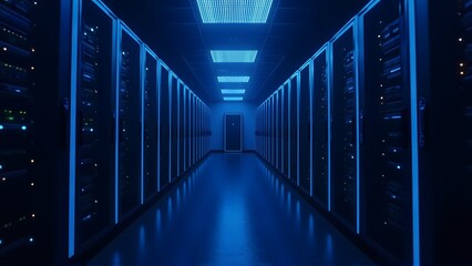 Fototapeta premium A futuristic data center corridor illuminated by blue lights, showcasing rows of server racks with glowing indicators, symbolizing advanced technology, connectivity, and digital infrastructure.