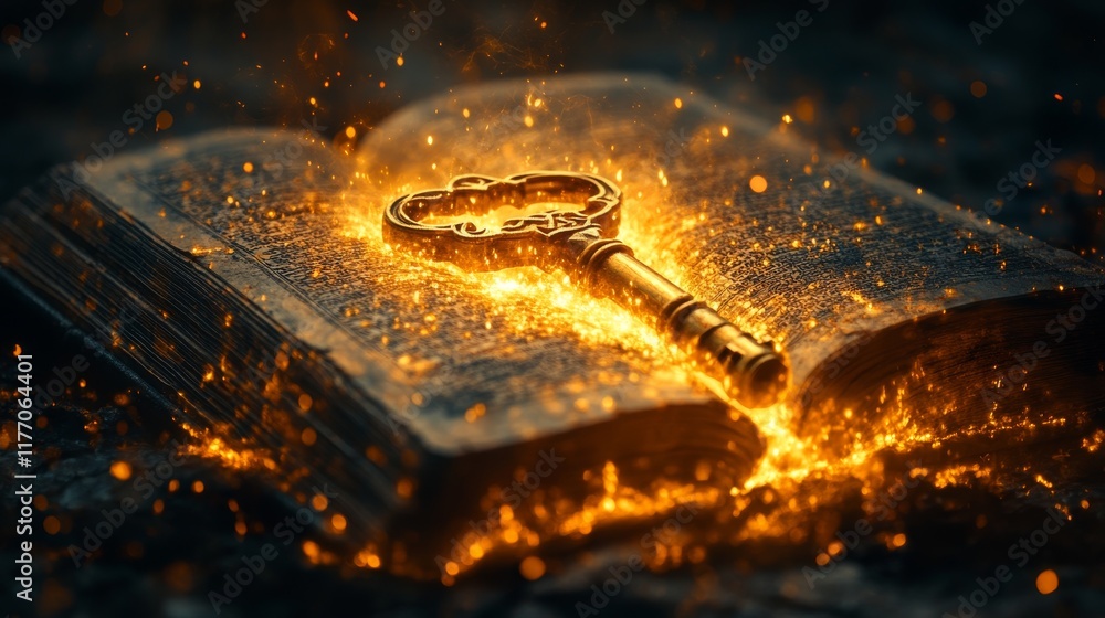 Poster mystical golden key resting on an ancient book surrounded by glowing particles in a dark setting