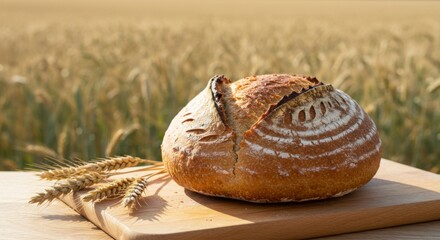 Fresh Sourdough Bread Loaf on Wooden Board with Wheat Field Background