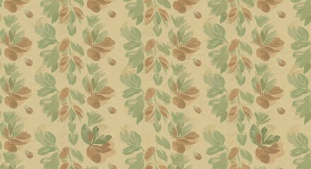 Fototapeta premium Watercolor Floral Pattern with Green and Brown Leaves on Beige Background