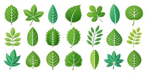 A Collection of Twenty-Four Vibrant Green Leaves of Various Shapes and Sizes for Design Elements