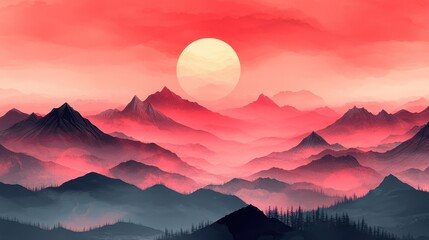 A soft muted pink backdrop with minimalist mountain silhouettes in a flat design leaving the center uncluttered 